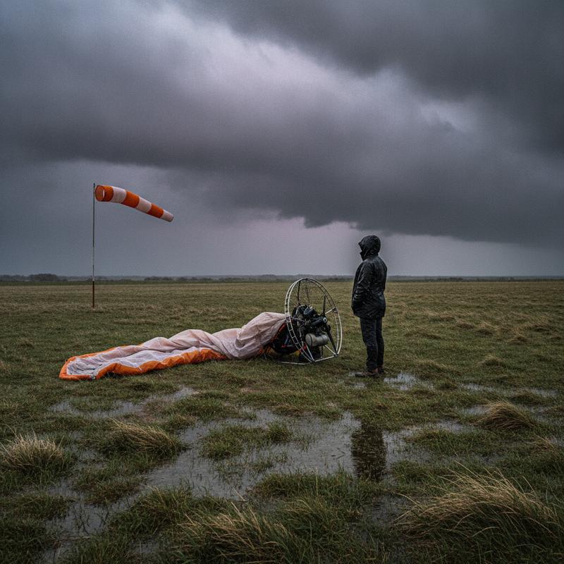 A folded paramotor wing lying on a wet, windswept English field beneath dark storm clouds, with a windsock blown straight out and a lone figure in a rain jacket watching the sky