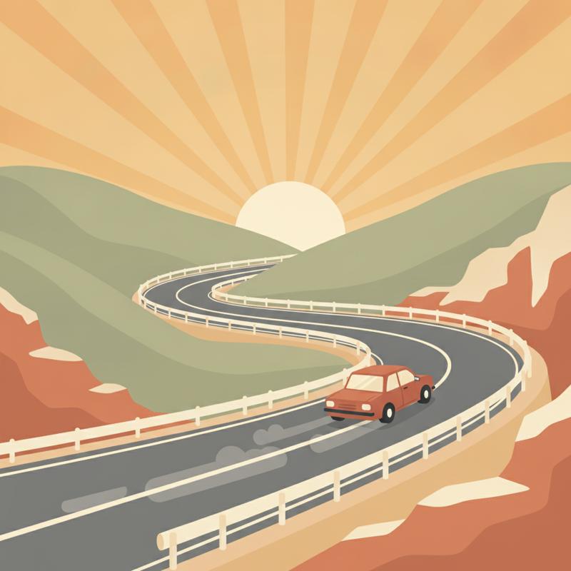 A small red car drives confidently along a winding mountain road lined with sturdy guardrails at sunset