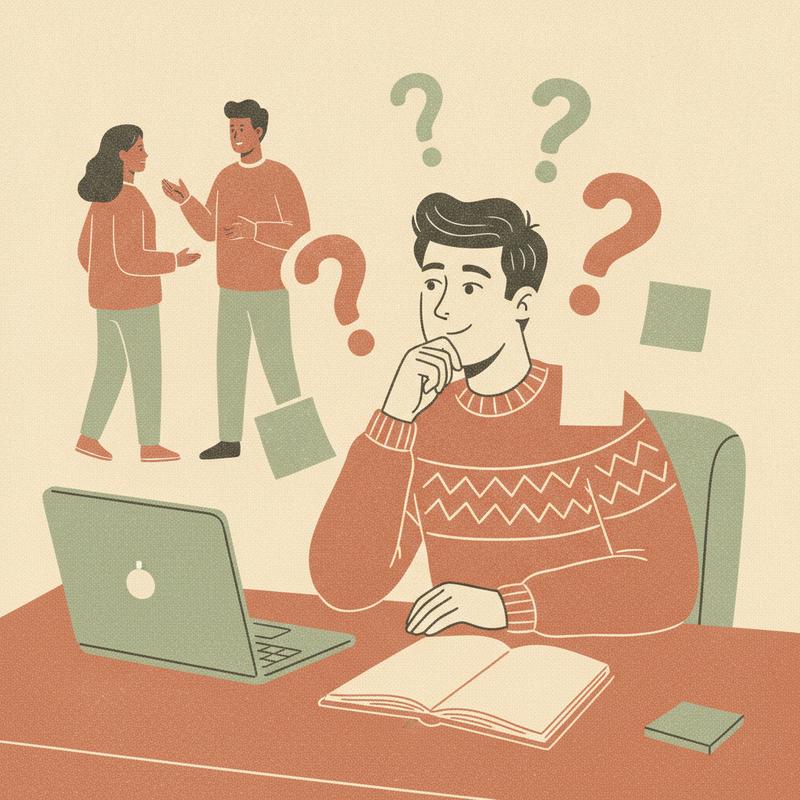 A new software engineer sitting alone at a desk on their first day surrounded by floating question marks and blank notes