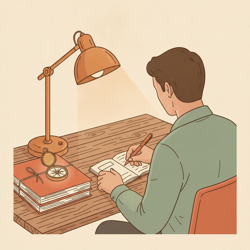 A person at a lamp-lit desk writes notes beside a compass resting on a stack of folders