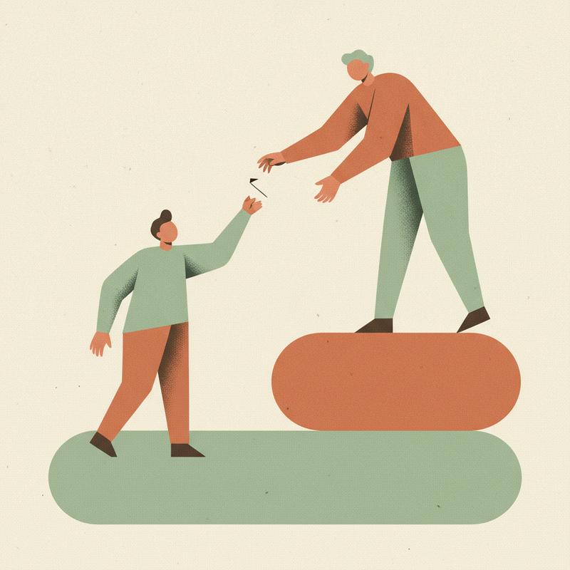 Illustration of an engineer on a lower step handing a small folded note upward to a colleague on a higher step