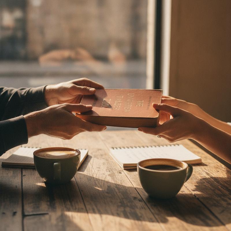 Two hands sliding a battered paperback across a cafe table towards another person beside two coffee cups