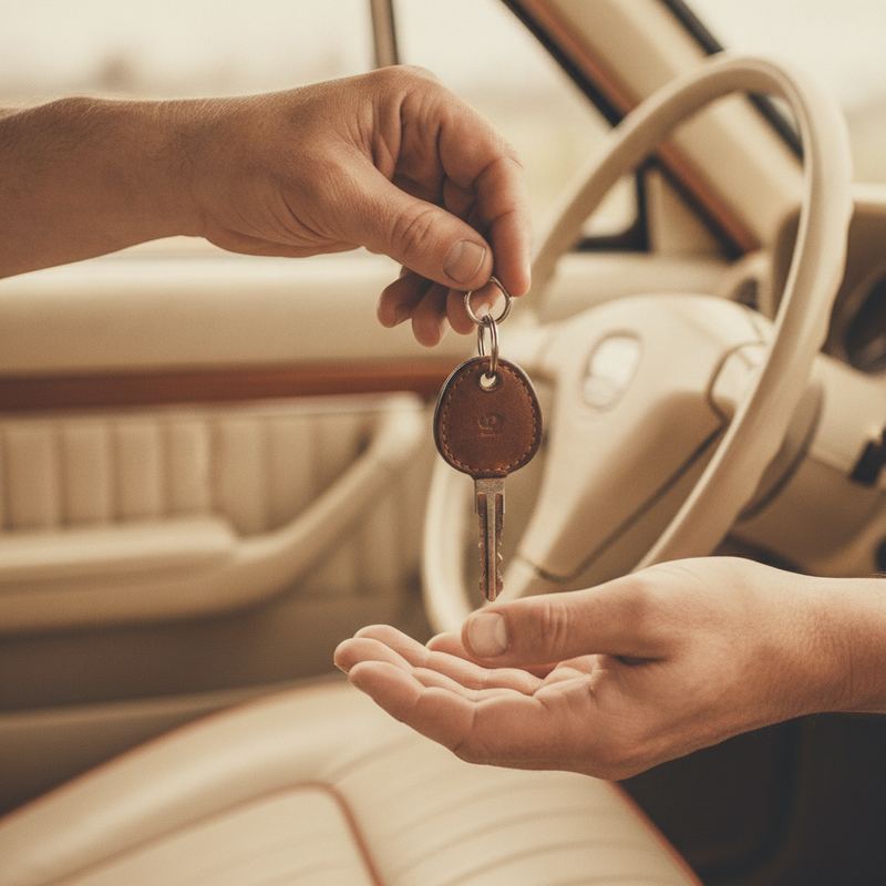 Hands letting go of car keys and passing them to another pair of hands