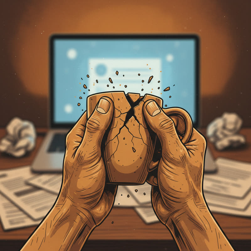 Hands gripping a cracking coffee mug over scattered papers, a laptop glowing in the background