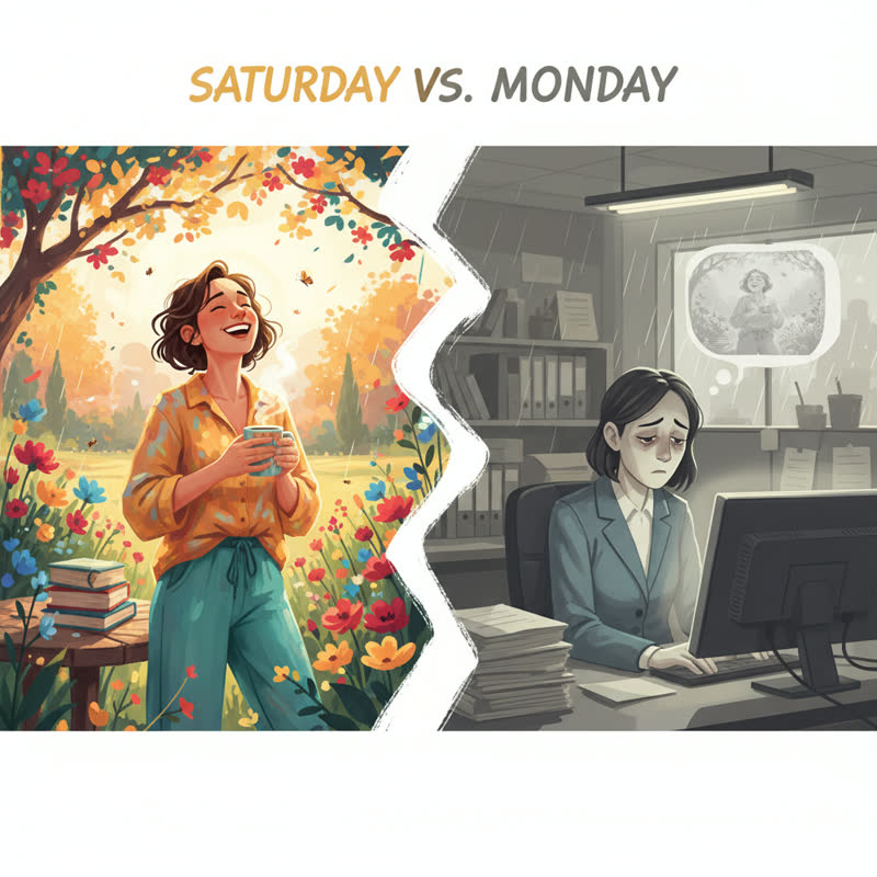 The contrast between a bright, free Saturday and a grey, draining Monday