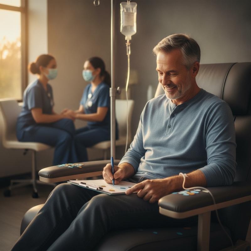 A smiling man in a chemotherapy chair writing a card on a clipboard scattered with confetti, two nurses talking in the background