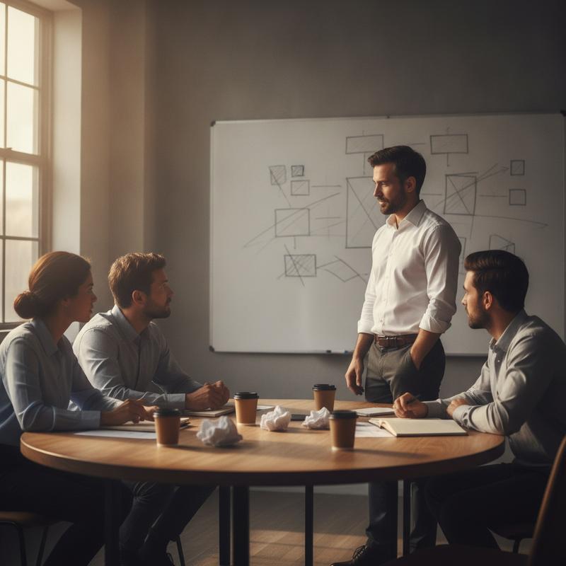 A team leader standing by a whiteboard of crossed-out plans, talking openly with four colleagues around a table