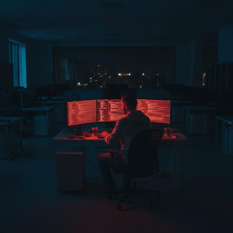 A lone engineer at a desk in a dark, empty office at 3am, three monitors glowing red with alert dashboards