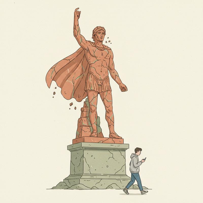 A cracked marble statue of a heroic leader on a pedestal as an ordinary person walks past unimpressed