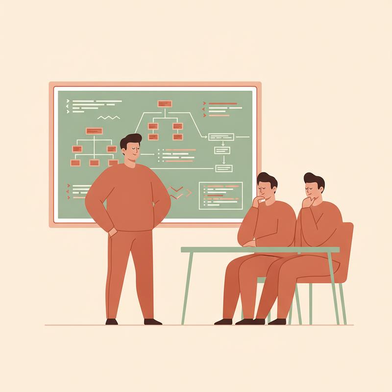An engineer confidently presenting algorithm diagrams on a whiteboard while two interviewers nod along, nobody making eye contact