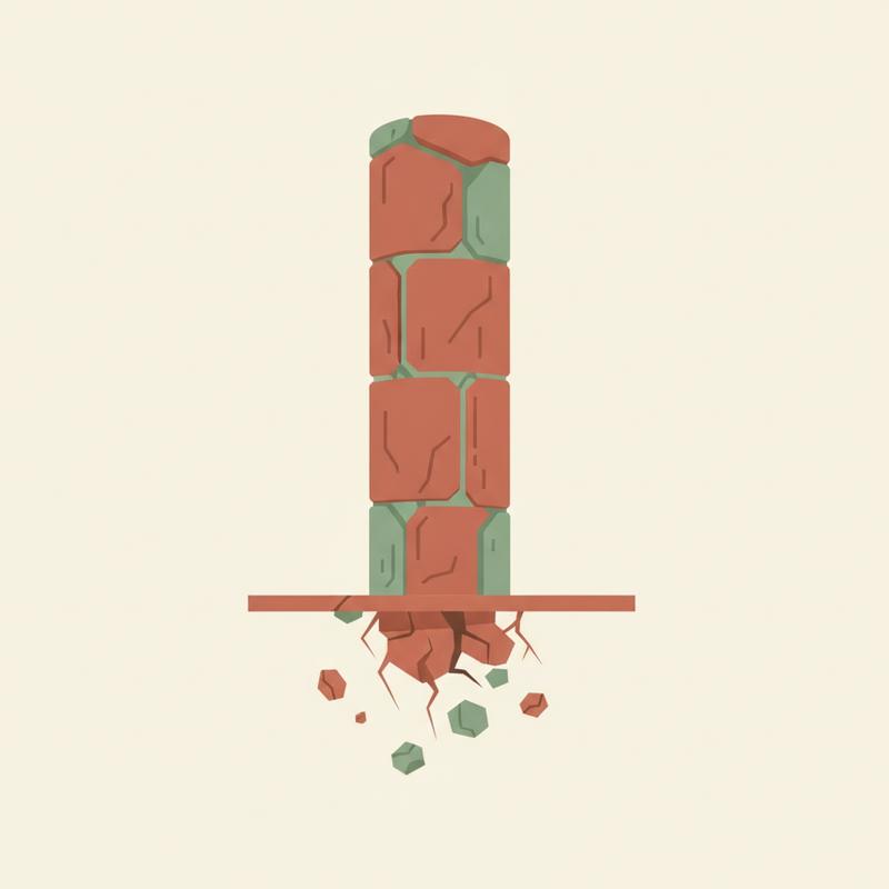 A tall solid stone pillar standing on a thin cracked crumbling foundation