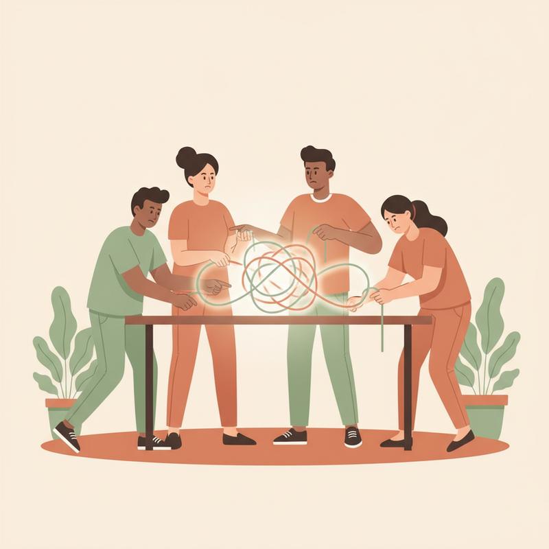 Four engineers of different backgrounds gathered around a table working a tangled knot loose together