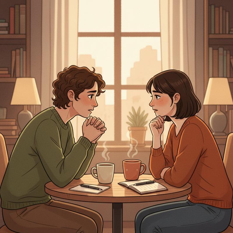 Two people having a sincere, direct conversation across a table