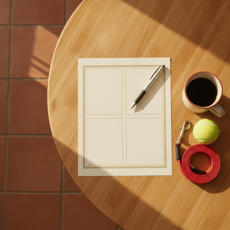 A printed one-page worksheet with four empty boxes and a pen on a wooden kitchen table, beside a cup of coffee, a tennis ball and a coiled red dog lead