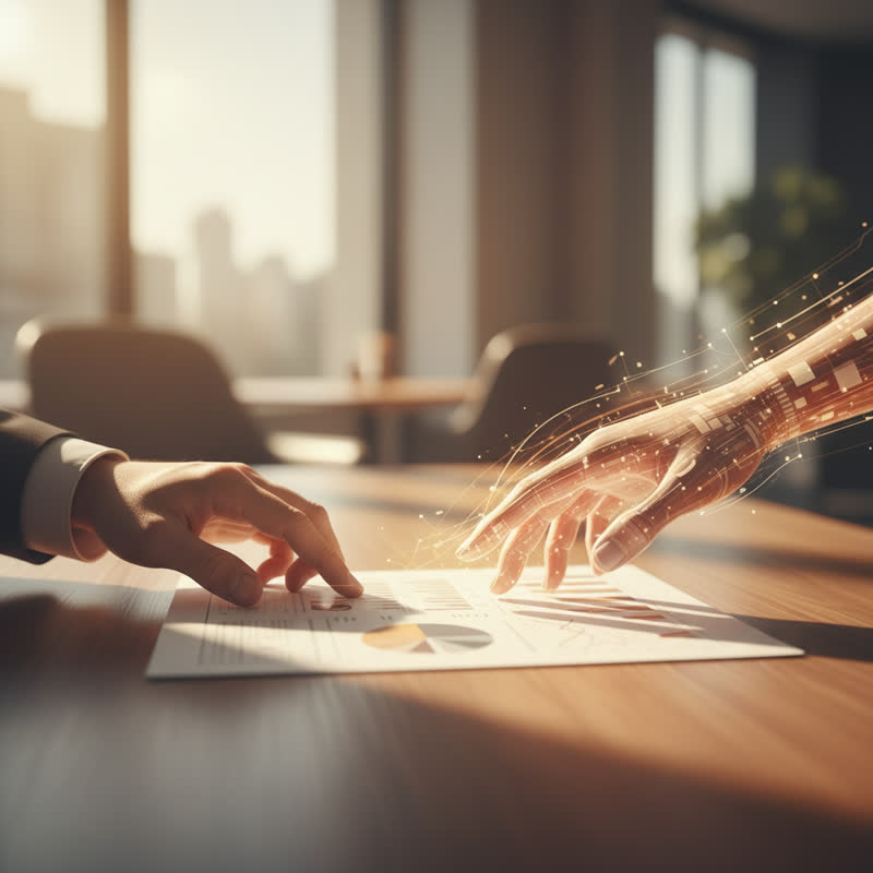 A human hand and a glowing digital hand reaching toward the same document on a desk, showing human-AI collaboration