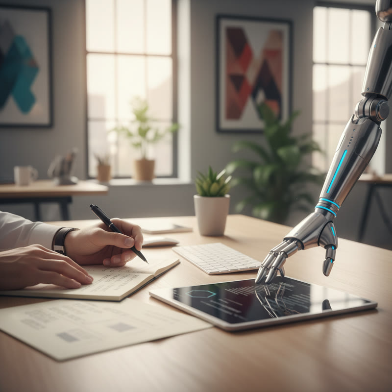 Human hand and a robotic arm side by side near a keyboard, equal partners rather than one replacing the other