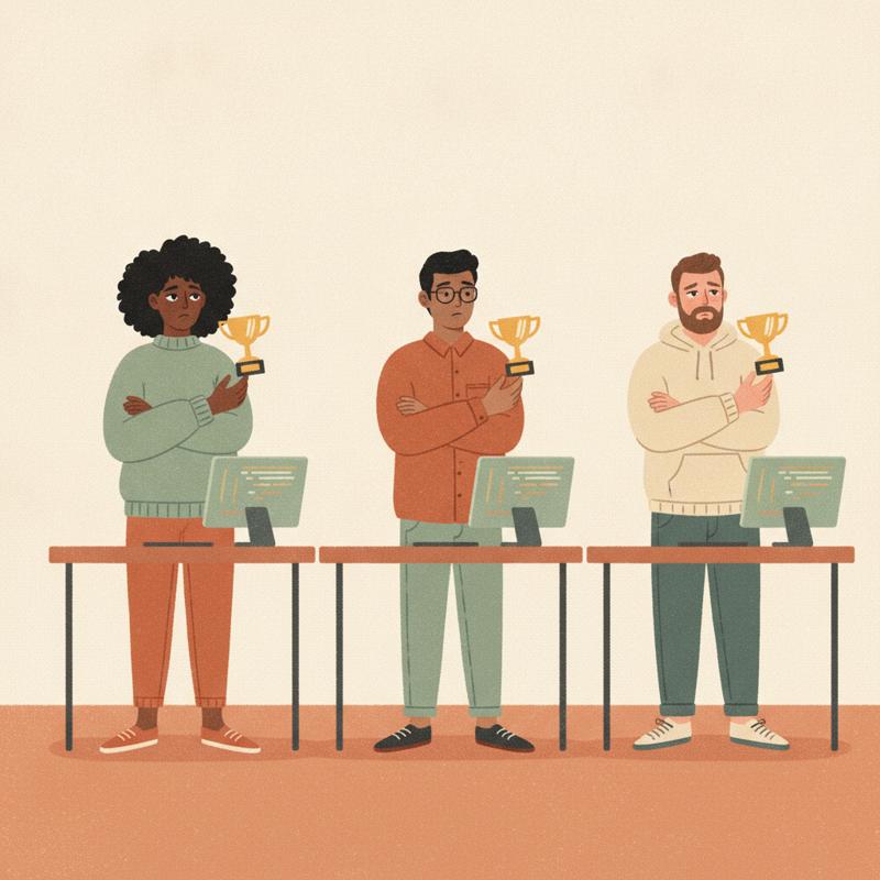 Three software engineers standing at their desks holding identical small gold trophies, all looking unimpressed, warm editorial illustration in cream and terracotta tones