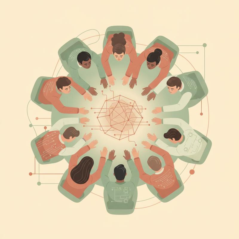 A mixed group of engineers gathered around one shared table, all looking at a single shared object in the middle