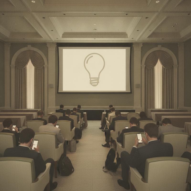Rows of bored attendees on their phones at a corporate innovation day under a projected lightbulb slide