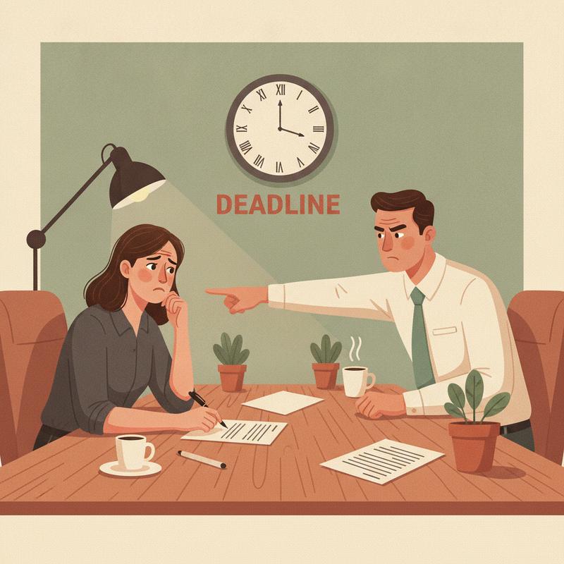 A woman hesitates with a pen over a document while her boss points at a deadline on the wall clock