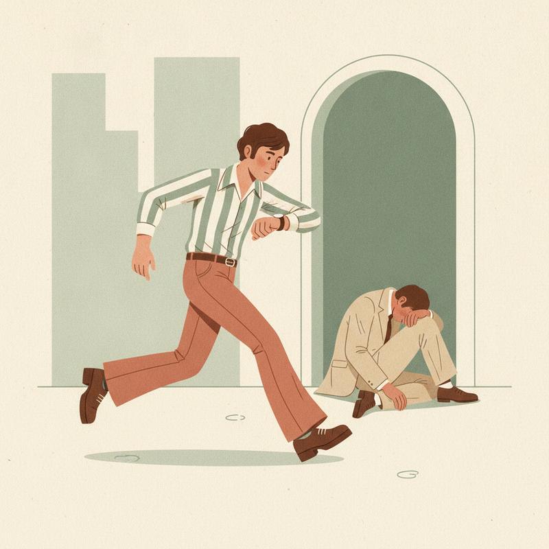 A young man in 1970s clothes rushes past a slumped figure in a doorway while checking his watch