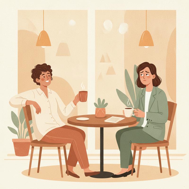 Two people in a job interview across a small table, one asking a pointed question while the other glances away