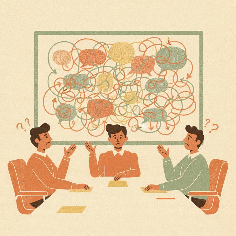 Illustration of a whiteboard covered in tangled corporate buzzword speech bubbles while three colleagues look baffled