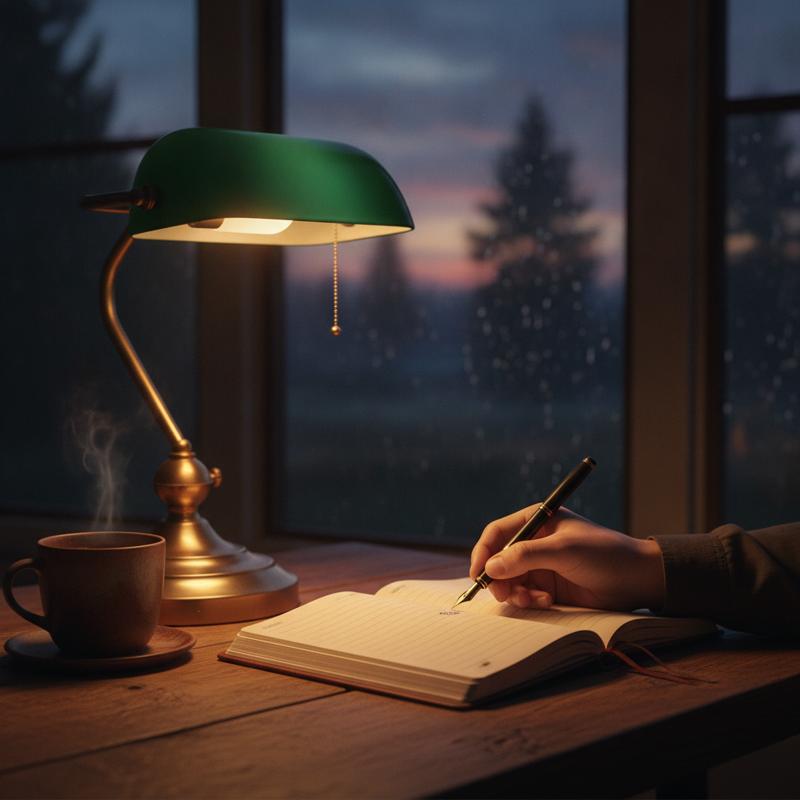 A hand writing in a journal at a wooden desk, warm lamp light