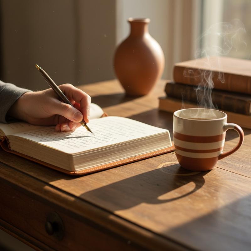 An open leather journal on a wooden desk in warm afternoon light, with a fountain pen resting on the page