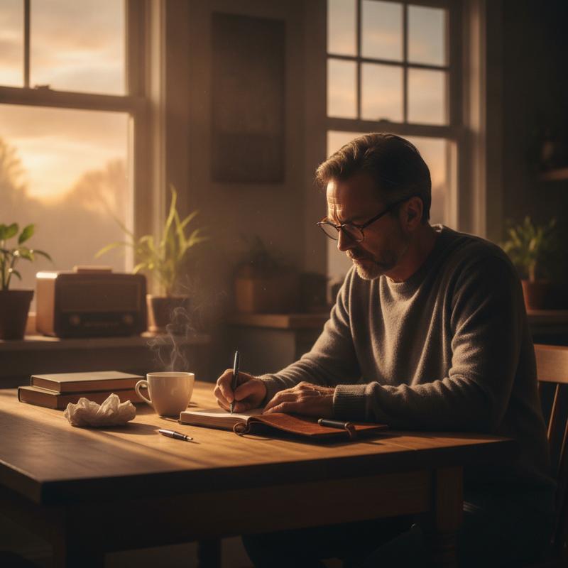A man sitting alone at a kitchen table at dawn writing in a notebook