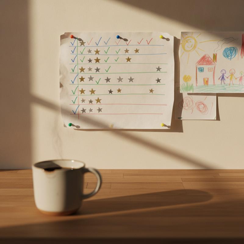 A hand-drawn progress chart full of ticks and star stickers pinned to a kitchen wall beside a child's crayon drawing, with a coffee mug in the foreground