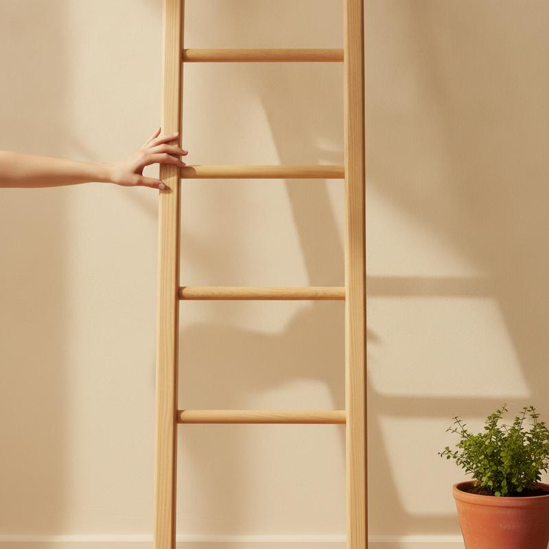 A wooden ladder against a cream wall with a hand reaching for one of its rungs