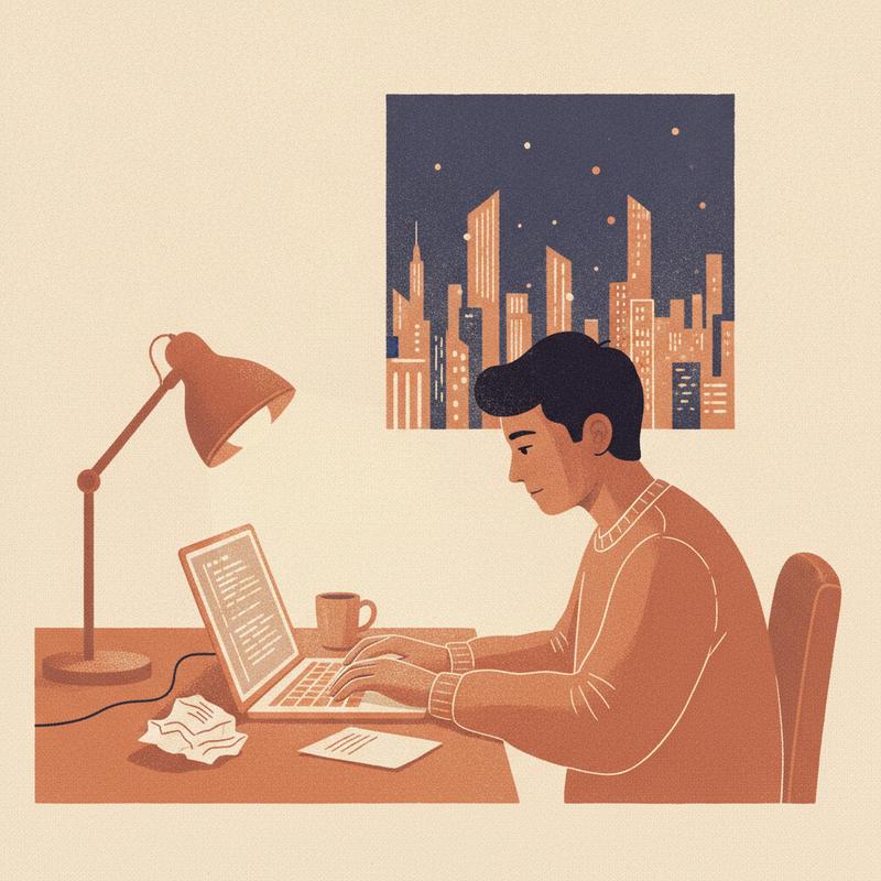 A person working late at a laptop under a warm desk lamp, a distant lit skyscraper visible through the window