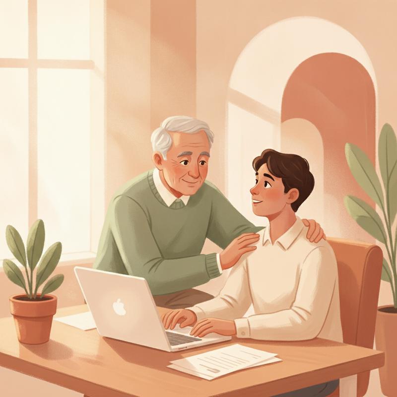 Warm illustration of a senior leader kneeling to speak eye level with a younger team member