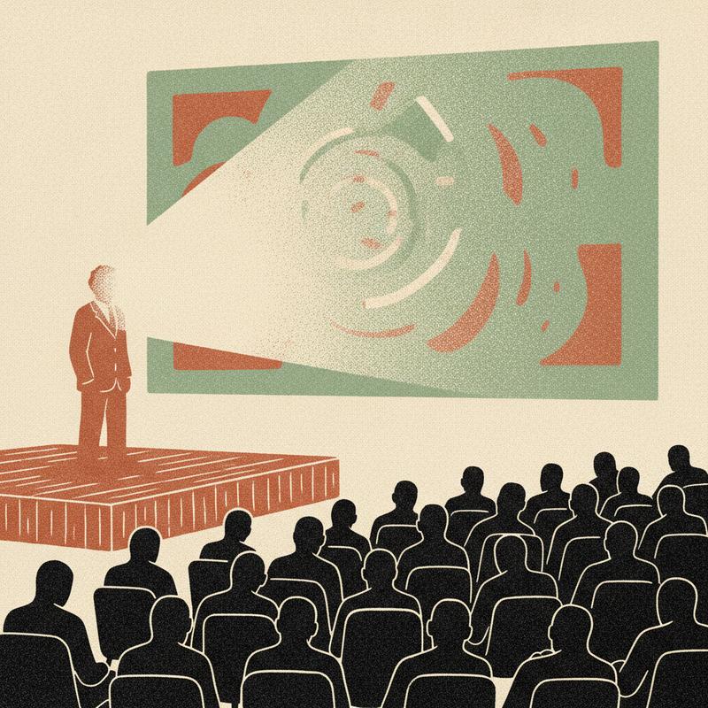A leader on a stage with his face lost in the beam of a giant projected slide, the audience shown as dark silhouettes