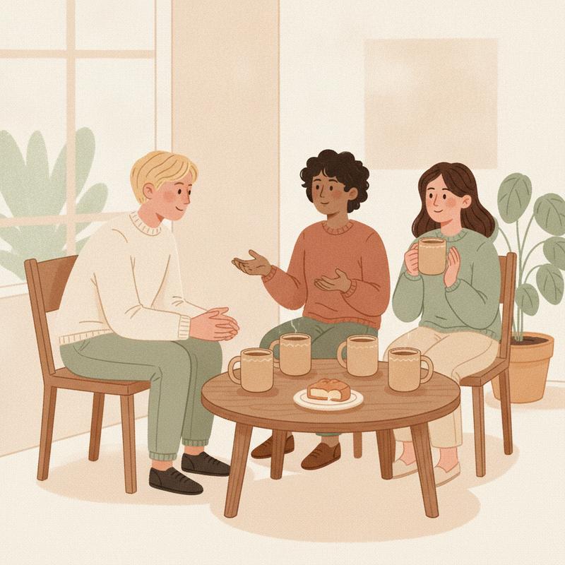 A manager sits at eye level with three team members over mugs of tea, leaning in to listen