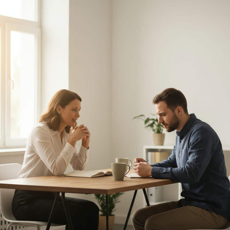 A manager leaning forward attentively in a one-on-one conversation, creating space for honest dialogue