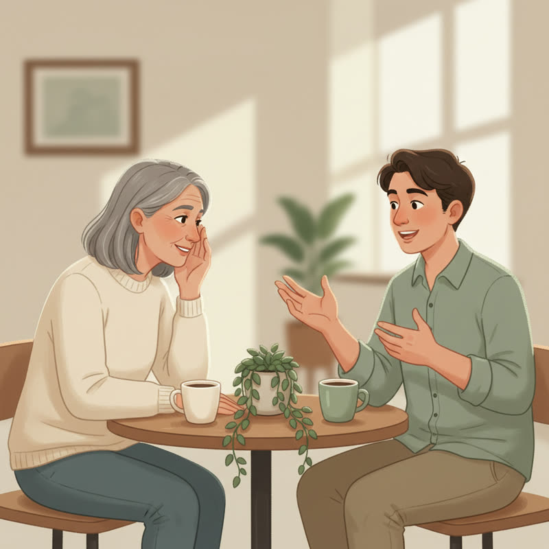 A leader sits alongside a team member at a small table, listening intently, coffee cups between them, genuine human connection