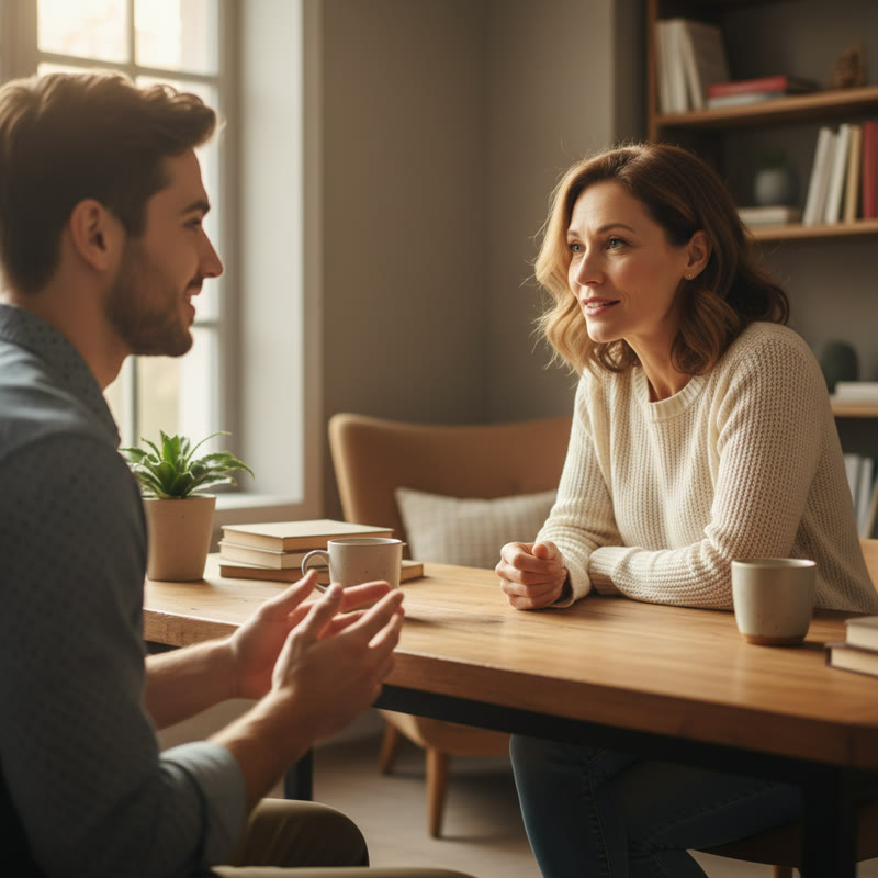 A leader having a direct one-on-one conversation with a team member, listening carefully