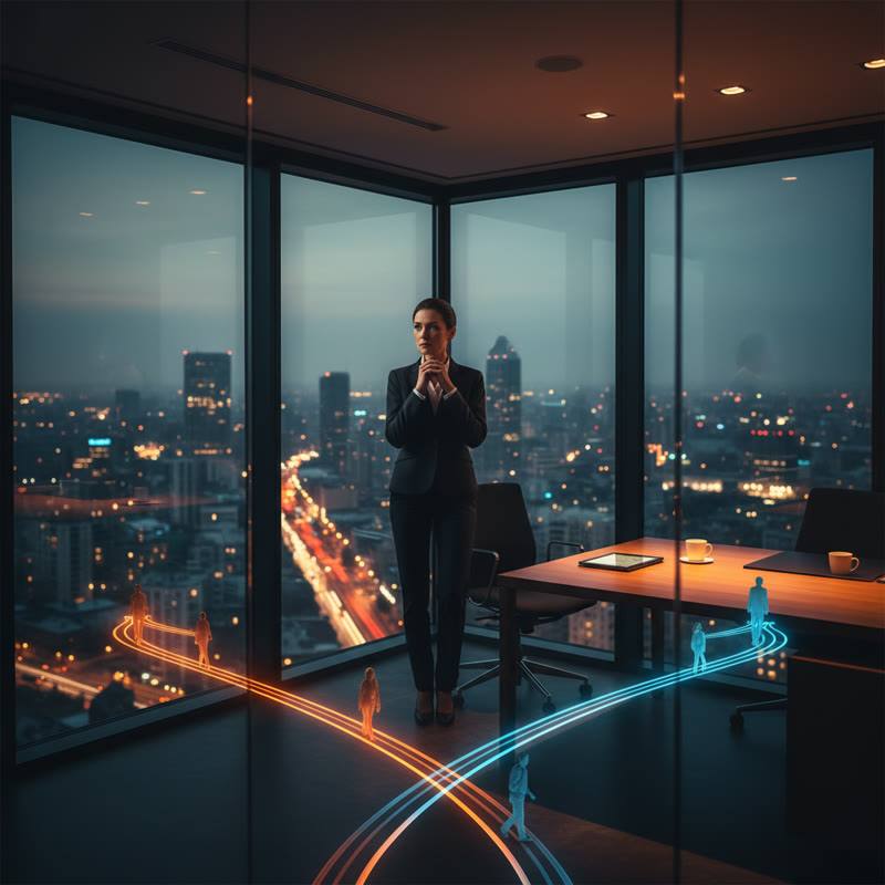 A leader alone at a window overlooking a city at night, deep in reflection