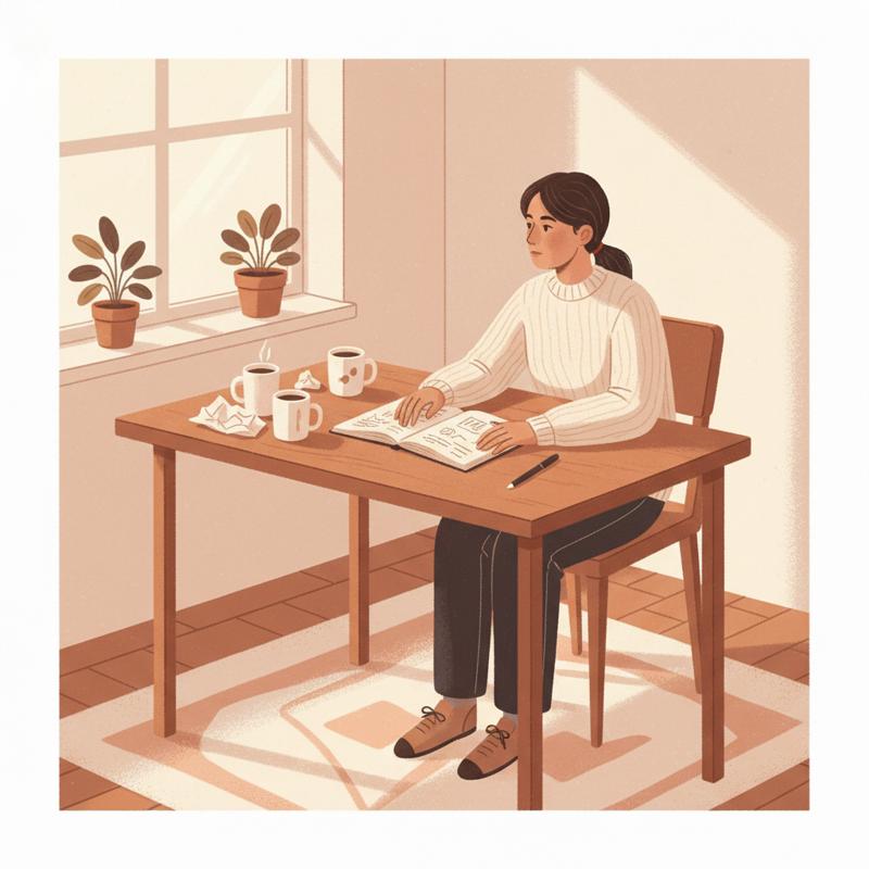 A leader sitting alone after a meeting, thoughtfully reflecting with a notebook