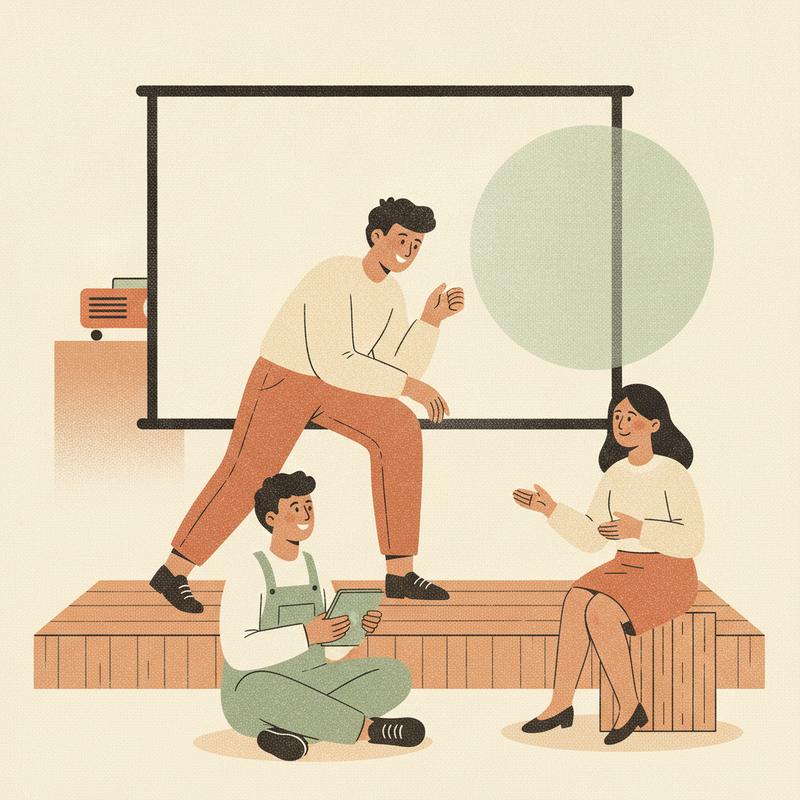 A leader sitting on the edge of a stage talking with two employees while the projector still glows behind them