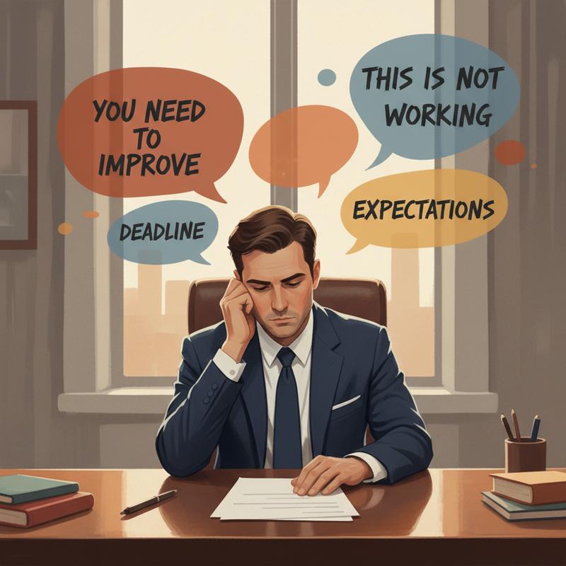 A leader sits at a desk, unspoken feedback swirling in thought bubbles above their head