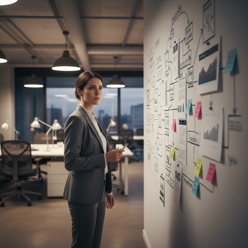 A leader stands alone at a whiteboard covered in strategy documents and sticky notes