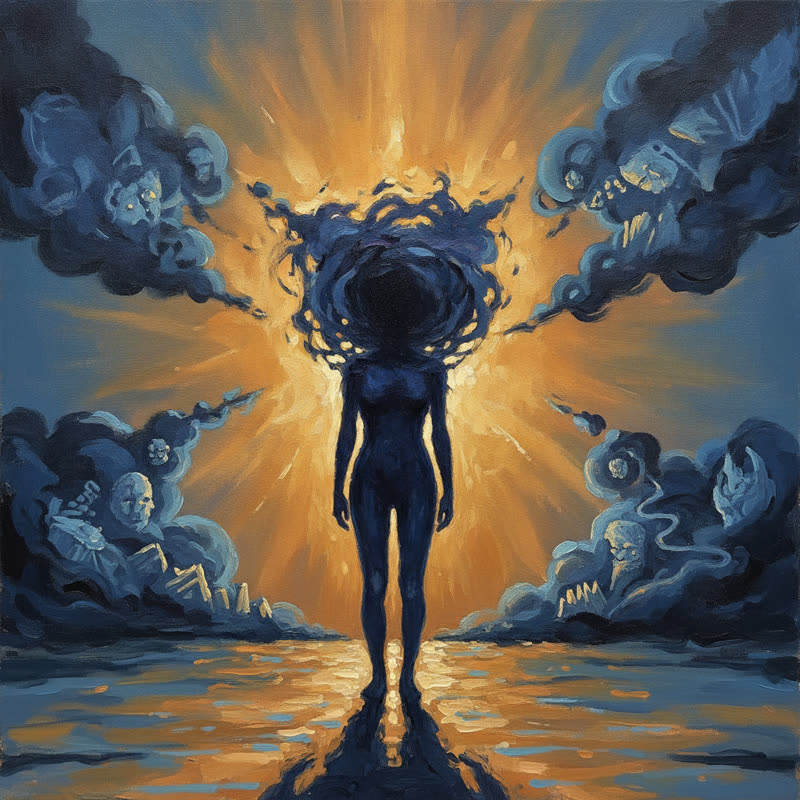 Abstract visualization of a silhouette figure standing in bright light with large shadowy blind spots around them