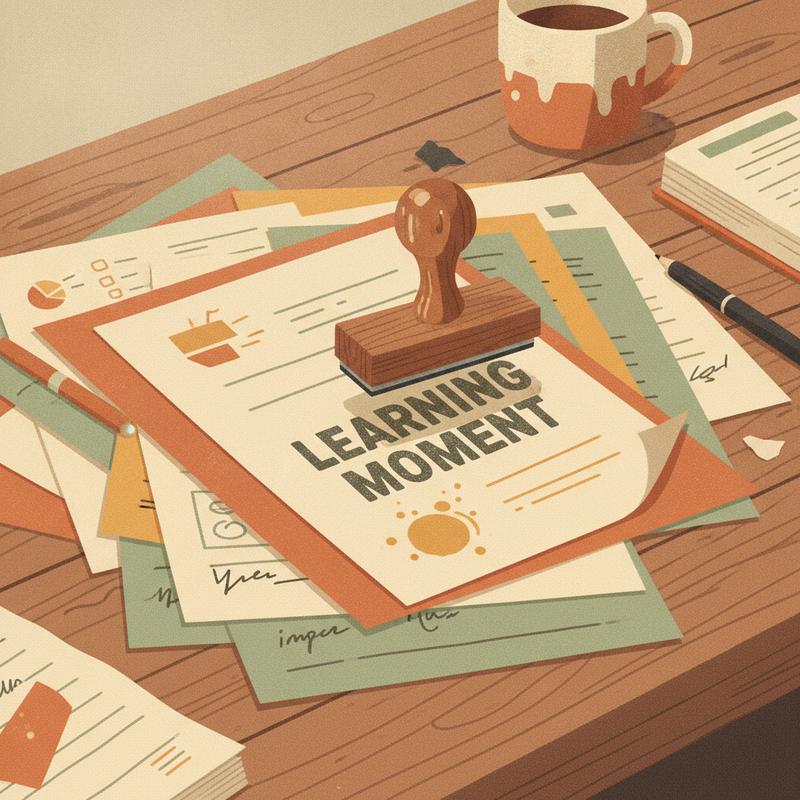 A rubber stamp pressing the words Learning Moment onto a stack of messy paperwork