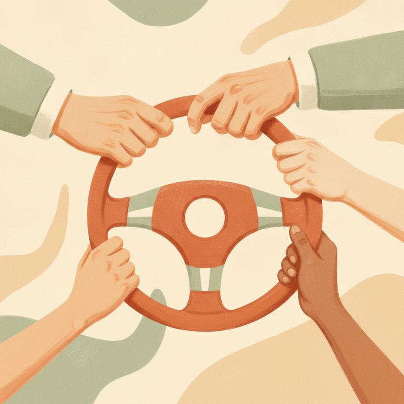 A leader's hands releasing a steering wheel to two other pairs of hands reaching in to take hold