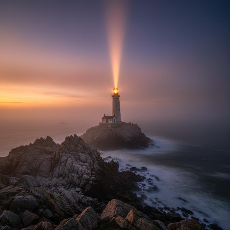 A lighthouse beam cutting through evening fog, standing firm on rocky cliffs
