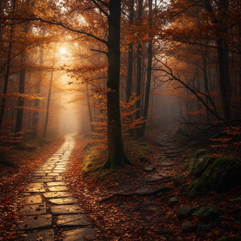 Two paths diverging through an autumn forest, one lit by gold, one disappearing into shadow