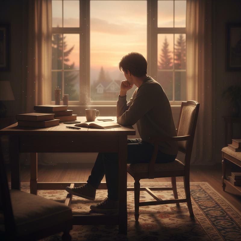 A person sitting alone at a desk, lost in quiet reflection